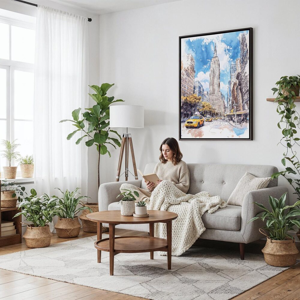 05 - Framed Empire State Building - Watercolor Canvas Print - Woman reading on couch - Vertical.jpg 05 - Framed Empire State Building - Watercolor Canvas Print - Woman reading on couch - Vertical.jpg