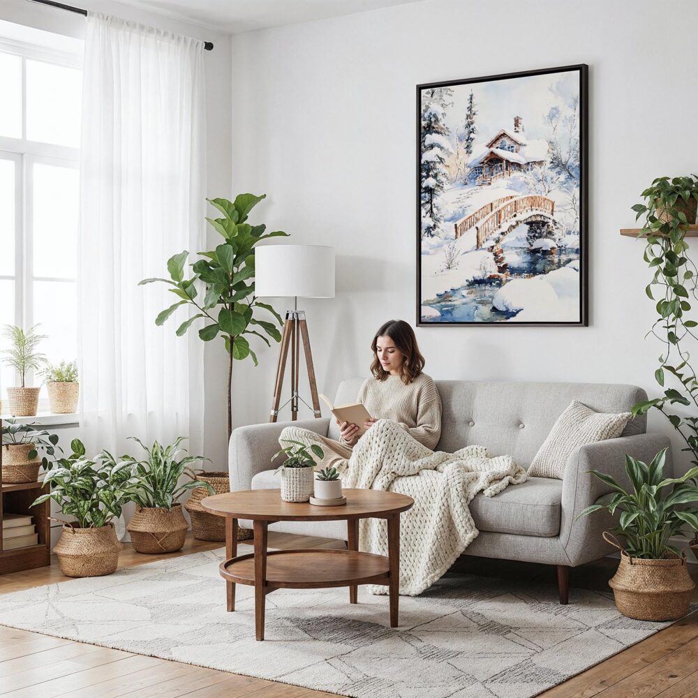 05 - Framed Fairbanks Alaska Winter watercolor Canvas Print - Woman reading on couch - Vertical.jpg 05 - Framed Fairbanks Alaska Winter watercolor Canvas Print - Woman reading on couch - Vertical.jpg