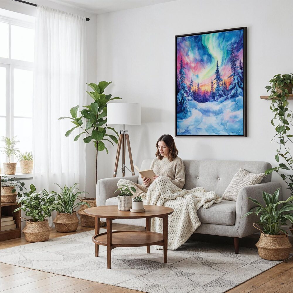 05 - Framed Fairbanks Northern Lights watercolor Canvas Print - Woman reading on couch - Vertical.jpg 05 - Framed Fairbanks Northern Lights watercolor Canvas Print - Woman reading on couch - Vertical.jpg