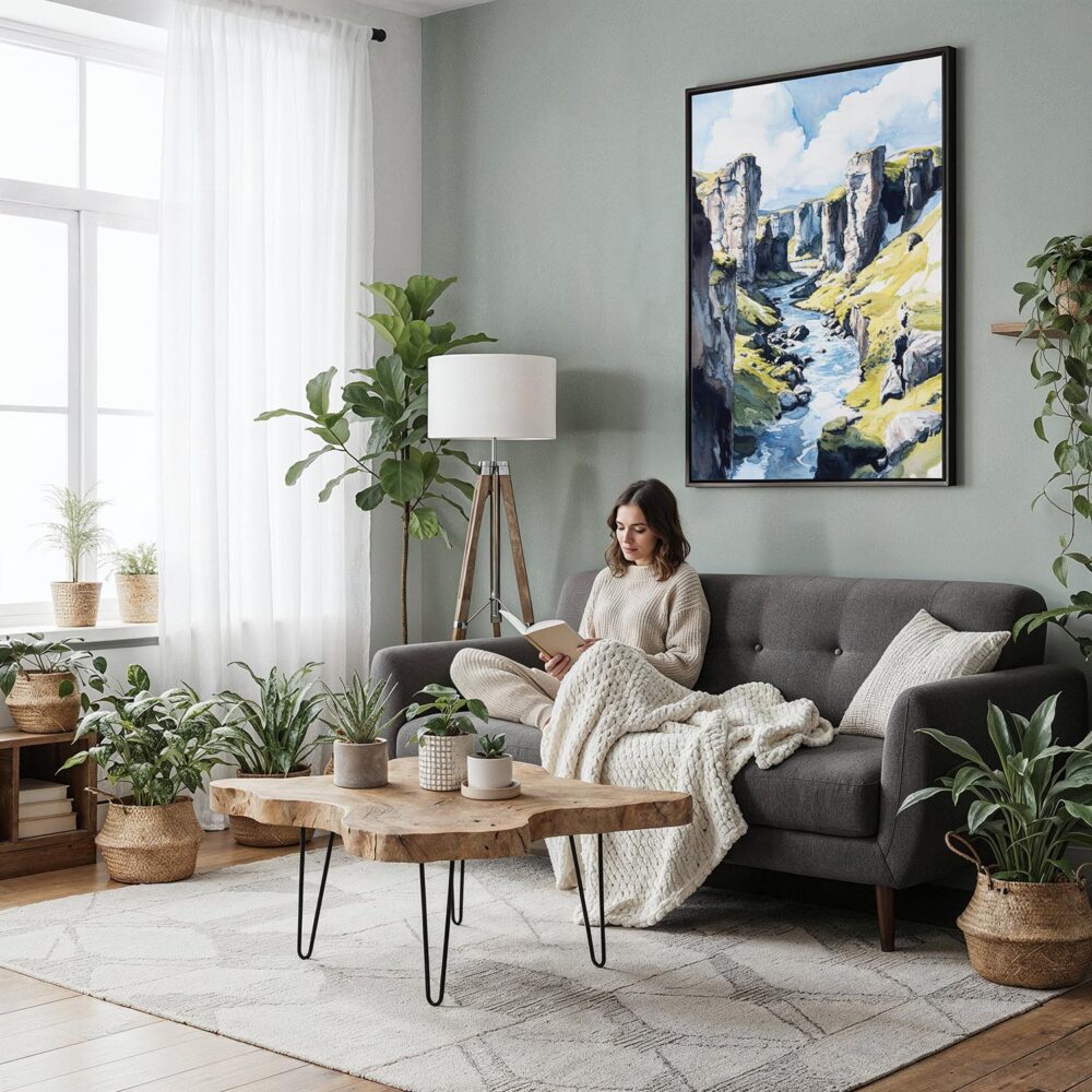 05 - Framed Fjadrargljufur Canyon Watercolor Canvas Print - Woman reading in Boho Living Room - Vertical.jpg 05 - Framed Fjadrargljufur Canyon Watercolor Canvas Print - Woman reading in Boho Living Room - Vertical.jpg