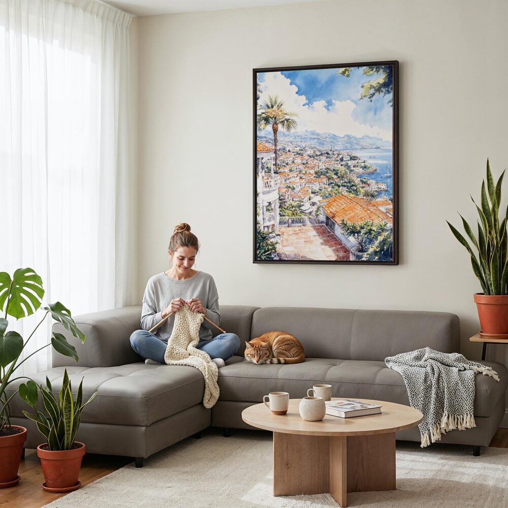 05 - Framed Funchal - Watercolor Canvas Print - Woman Knitting on grey couch - Vertical.jpg 05 - Framed Funchal - Watercolor Canvas Print - Woman Knitting on grey couch - Vertical.jpg