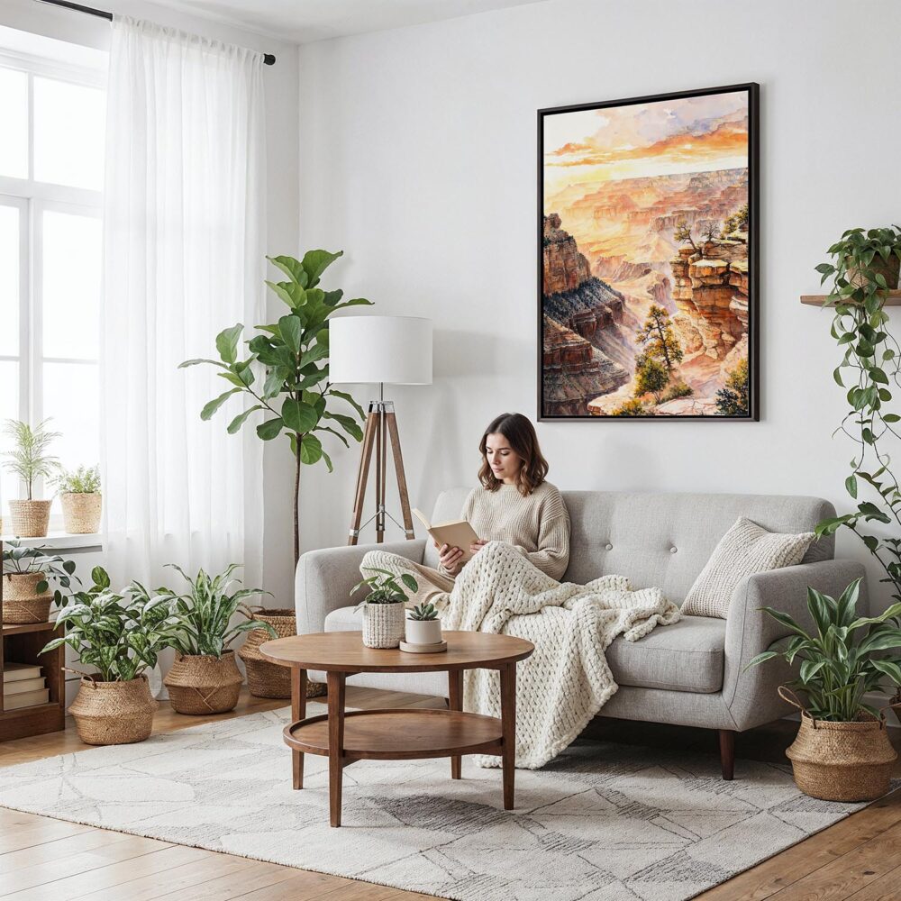 05 - Framed Grand Canyon - Watercolor Canvas Print - Woman reading on couch - Vertical.jpg 05 - Framed Grand Canyon - Watercolor Canvas Print - Woman reading on couch - Vertical.jpg