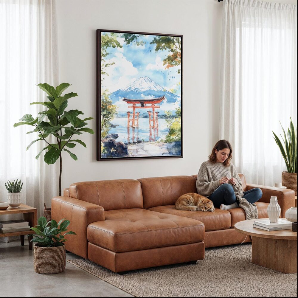 05 - Framed Hakone Gate Watercolor Canvas Print - Woman Knitting on leather couch - Vertical.jpg 05 - Framed Hakone Gate Watercolor Canvas Print - Woman Knitting on leather couch - Vertical.jpg