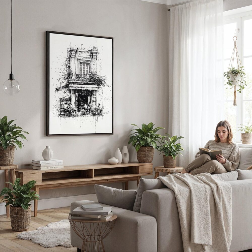05 - Framed Hanoi Old Quarter - Pencil Art - Vertical Canvas Print - Woman reading in modern Living Room - Vertical.jpg 05 - Framed Hanoi Old Quarter - Pencil Art - Vertical Canvas Print - Woman reading in modern Living Room - Vertical.jpg