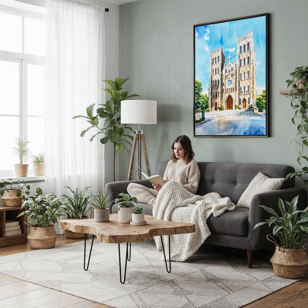 05 - Framed Hanoi St Josephs Cathedral Watercolor Canvas Print - Woman reading in Boho Living Room - Vertical.jpg 05 - Framed Hanoi St Josephs Cathedral Watercolor Canvas Print - Woman reading in Boho Living Room - Vertical.jpg