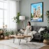 05 - Framed Hanoi St Josephs Cathedral Watercolor Canvas Print - Woman reading in Boho Living Room - Vertical.jpg