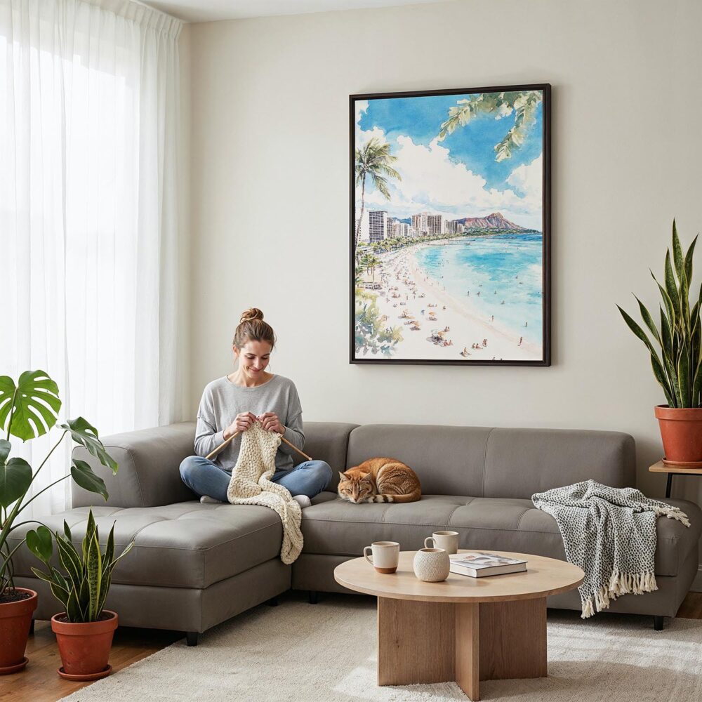 05 - Framed Hawaii - Honolulu - Watercolor Canvas Print - Woman Knitting on grey couch - Vertical.jpg 05 - Framed Hawaii - Honolulu - Watercolor Canvas Print - Woman Knitting on grey couch - Vertical.jpg