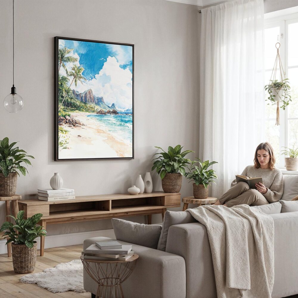 05 - Framed Hawaii - Kauai - Watercolor Canvas Print - Woman reading in modern Living Room - Vertical.jpg 05 - Framed Hawaii - Kauai - Watercolor Canvas Print - Woman reading in modern Living Room - Vertical.jpg