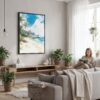 05 - Framed Hawaii - Kauai - Watercolor Canvas Print - Woman reading in modern Living Room - Vertical.jpg