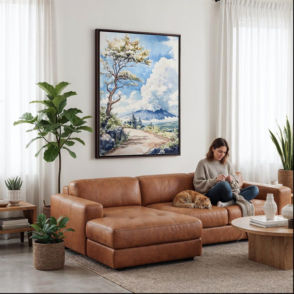 05 - Framed Hawaii Volcanoes National Park Watercolor Canvas Print - Woman Knitting on leather couch - Vertical.jpg 05 - Framed Hawaii Volcanoes National Park Watercolor Canvas Print - Woman Knitting on leather couch - Vertical.jpg