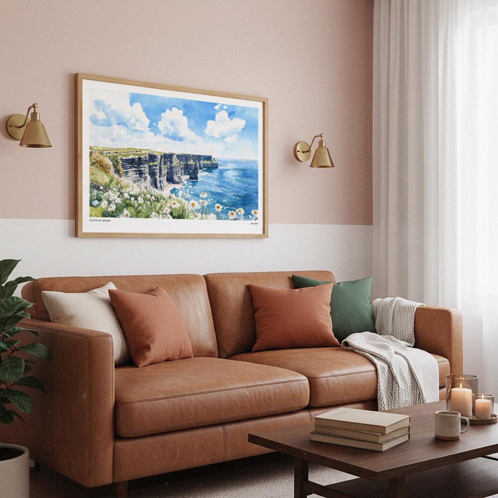 05 - Framed Ireland - Cliffs of Moher - Horizontal Watercolor Art Print hanging in Boho Living Room.jpg 05 - Framed Ireland - Cliffs of Moher - Horizontal Watercolor Art Print hanging in Boho Living Room.jpg