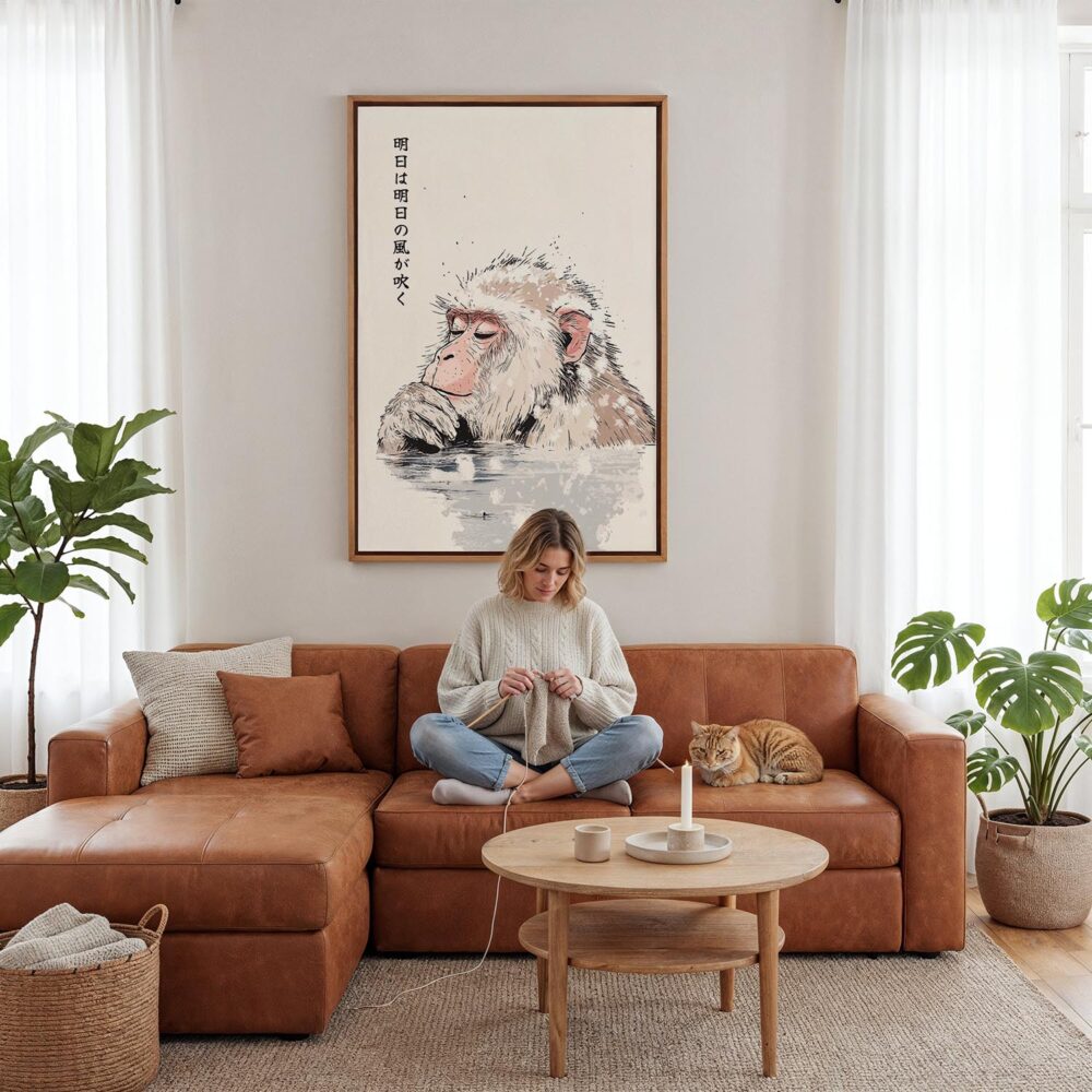 05 - Framed Japanese Macaque in Onsen Vintage Illustration Canvas Print - Woman Knitting - Vertical.jpg 05 - Framed Japanese Macaque in Onsen Vintage Illustration Canvas Print - Woman Knitting - Vertical.jpg