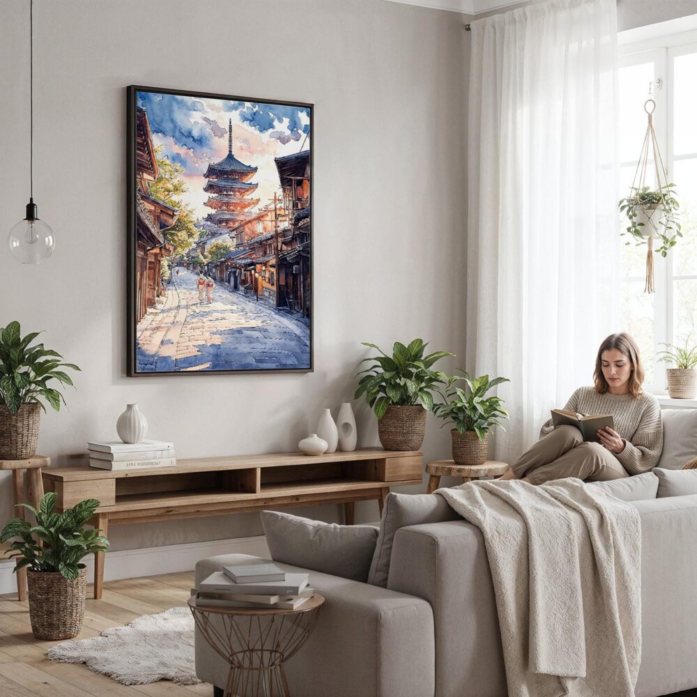 05 - Framed Kyoto Japan - Pagoda - Sunset - Watercolor 2 Canvas Print - Woman reading in modern Living Room - Vertical.jpg 05 - Framed Kyoto Japan - Pagoda - Sunset - Watercolor 2 Canvas Print - Woman reading in modern Living Room - Vertical.jpg