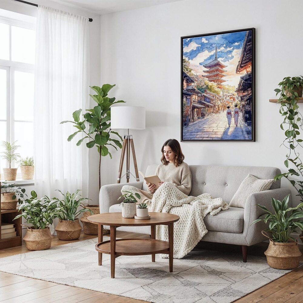 05 - Framed Kyoto Pagoda - Watercolor 1 Canvas Print - Woman reading on couch - Vertical.jpg 05 - Framed Kyoto Pagoda - Watercolor 1 Canvas Print - Woman reading on couch - Vertical.jpg