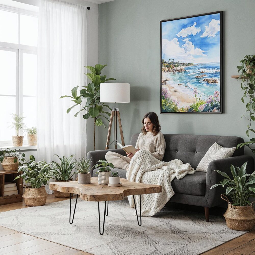 05 - Framed Laguna Beach Coast Watercolor Canvas Print - Woman reading in Boho Living Room - Vertical.jpg 05 - Framed Laguna Beach Coast Watercolor Canvas Print - Woman reading in Boho Living Room - Vertical.jpg