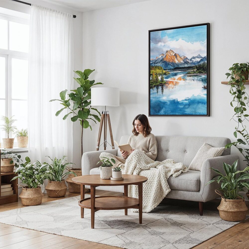 05 - Framed Lake Clark National Park Watercolor Canvas Print - Woman reading on couch - Vertical.jpg 05 - Framed Lake Clark National Park Watercolor Canvas Print - Woman reading on couch - Vertical.jpg