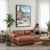 05 - Framed Lake Tahoe watercolor Canvas Print - Woman Knitting on leather couch - Vertical.jpg