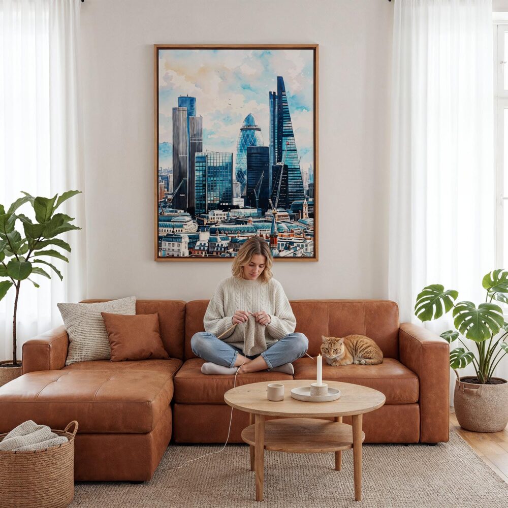 05 - Framed London Business Skyline Watercolor Canvas Print - Woman Knitting - Vertical.jpg 05 - Framed London Business Skyline Watercolor Canvas Print - Woman Knitting - Vertical.jpg
