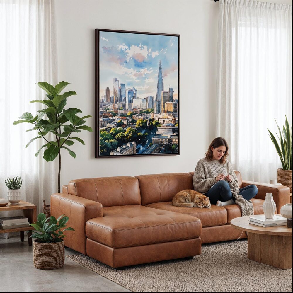 05 - Framed London The Shard Watercolor Canvas Print - Woman Knitting on leather couch - Vertical.jpg 05 - Framed London The Shard Watercolor Canvas Print - Woman Knitting on leather couch - Vertical.jpg