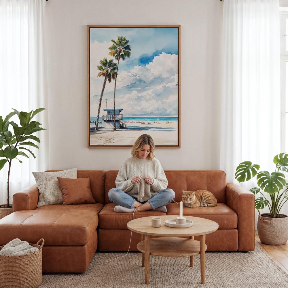 05 - Framed Los Angeles beach lifeguard tower Watercolor Canvas Print - Woman Knitting - Vertical.jpg 05 - Framed Los Angeles beach lifeguard tower Watercolor Canvas Print - Woman Knitting - Vertical.jpg