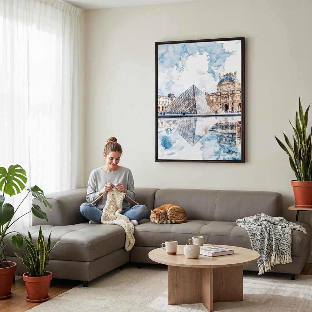 05 - Framed Louvre Watercolor Canvas Print - Woman Knitting on grey couch - Vertical.jpg 05 - Framed Louvre Watercolor Canvas Print - Woman Knitting on grey couch - Vertical.jpg