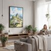 05 - Framed Machu Picchu Watercolor Canvas Print - Woman reading in modern Living Room - Vertical.jpg