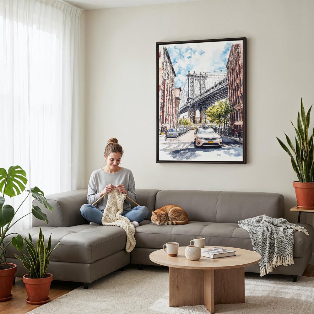 05 - Framed Manhattan bridge - Watercolor Canvas Print - Woman Knitting on grey couch - Vertical.jpg 05 - Framed Manhattan bridge - Watercolor Canvas Print - Woman Knitting on grey couch - Vertical.jpg