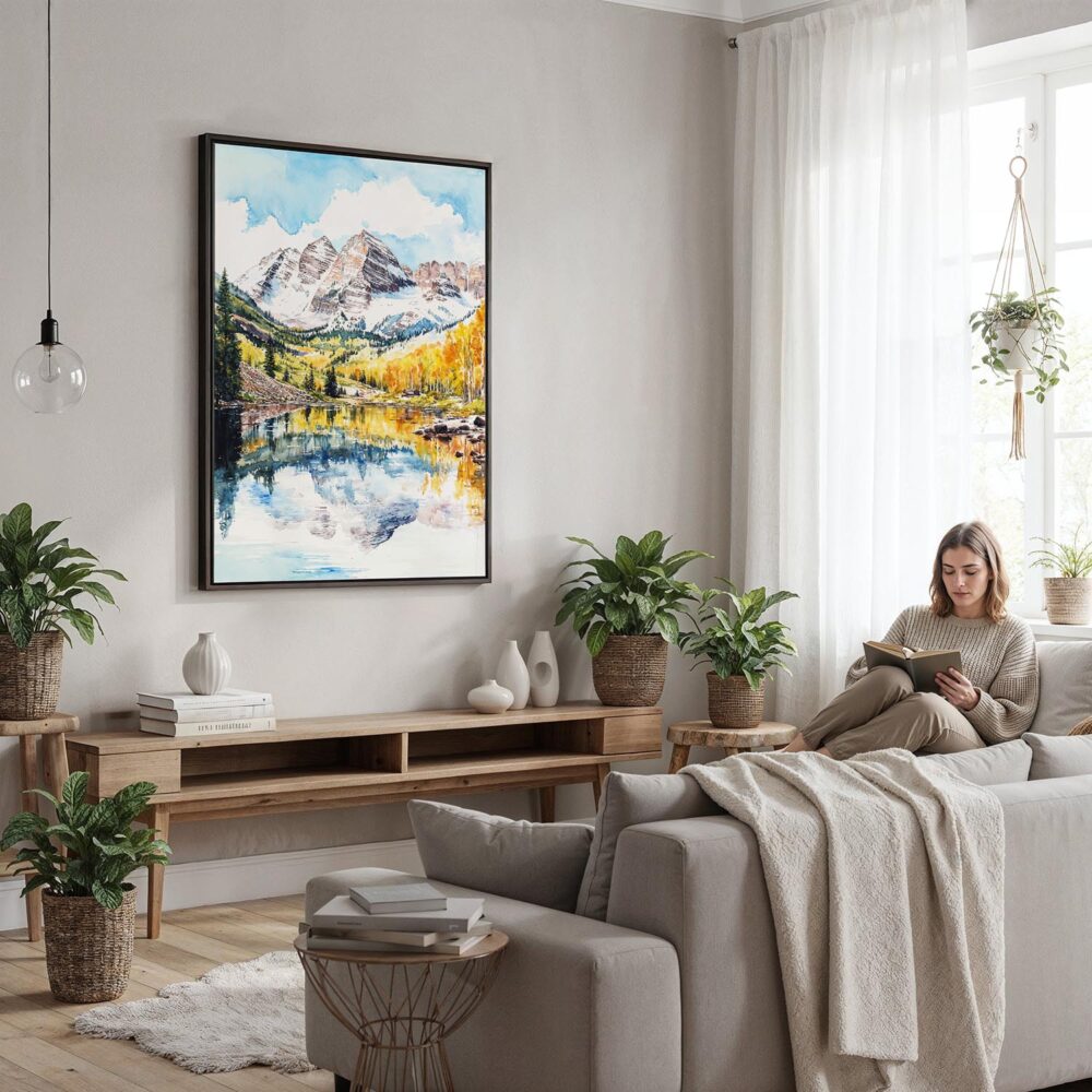 05 - Framed Maroon Bells Aspen Watercolor Canvas Print - Woman reading in modern Living Room - Vertical.jpg 05 - Framed Maroon Bells Aspen Watercolor Canvas Print - Woman reading in modern Living Room - Vertical.jpg