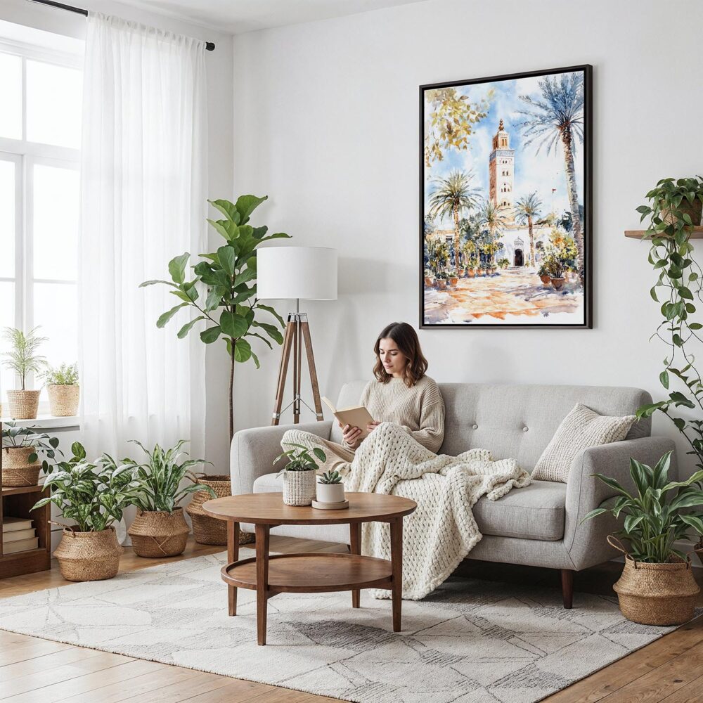 05 - Framed Marrakesh Watercolor Canvas Print - Woman reading on couch - Vertical.jpg 05 - Framed Marrakesh Watercolor Canvas Print - Woman reading on couch - Vertical.jpg