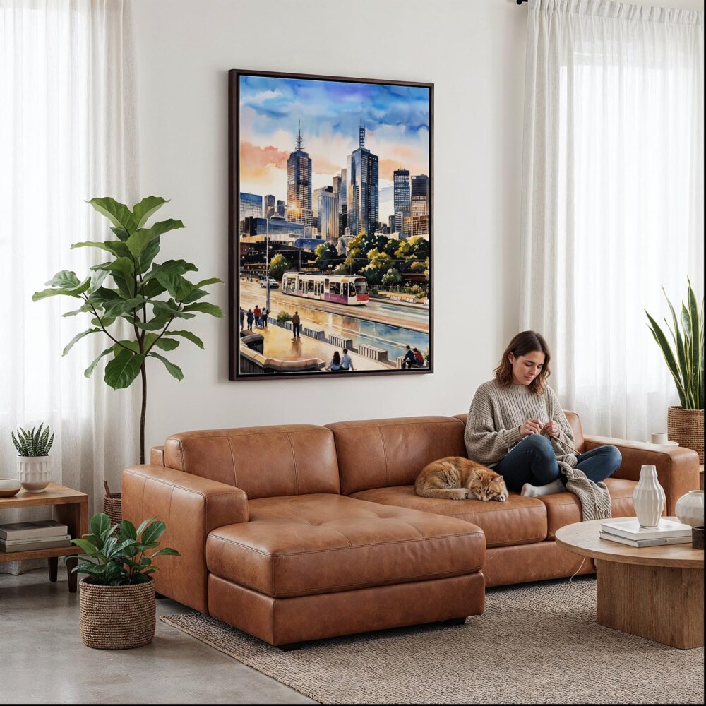 05 - Framed Melbourne Canvas Print - Woman Knitting on leather couch - Vertical.jpg 05 - Framed Melbourne Canvas Print - Woman Knitting on leather couch - Vertical.jpg