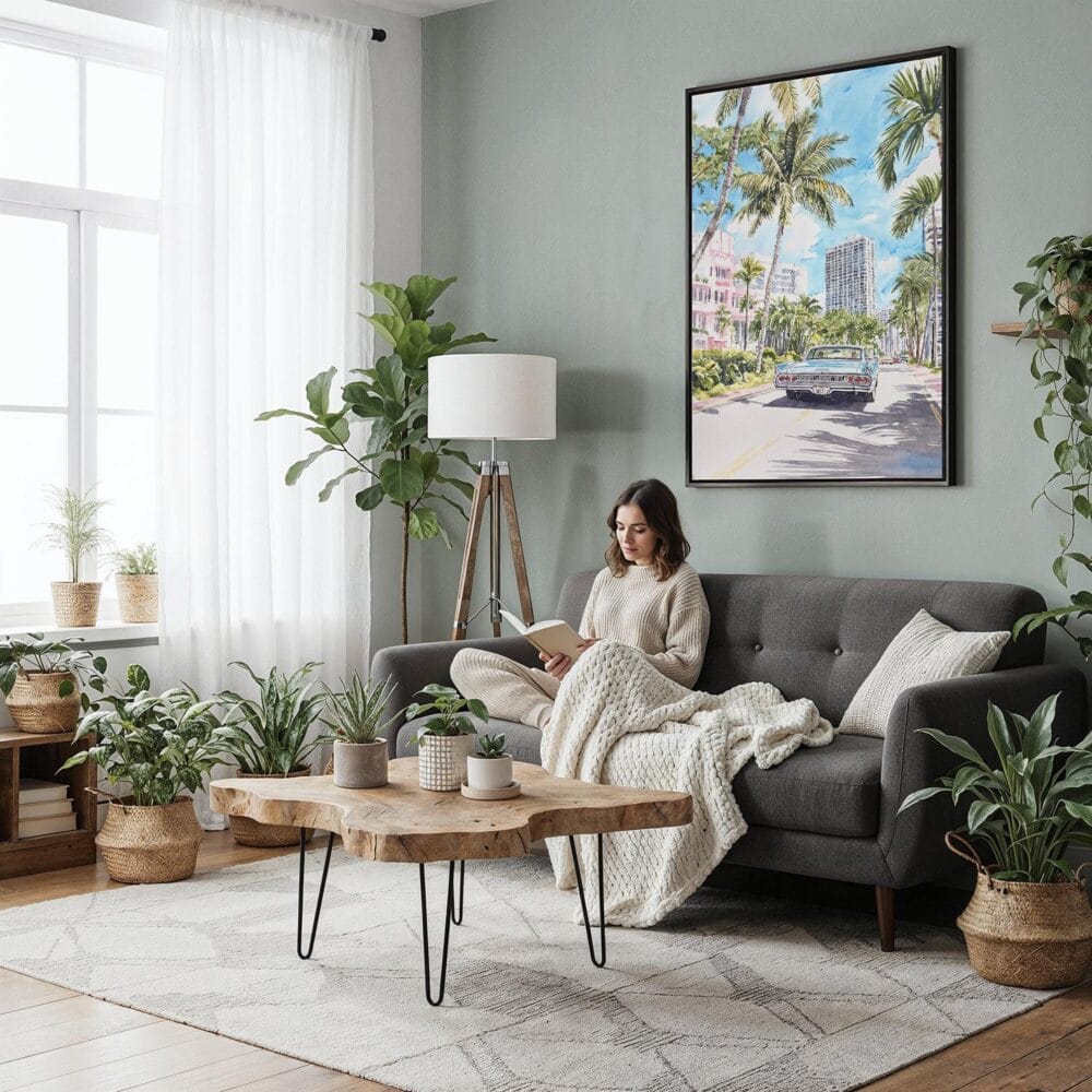 05 - Framed Miami Watercolor Canvas Print - Woman reading in Boho Living Room - Vertical.jpg 05 - Framed Miami Watercolor Canvas Print - Woman reading in Boho Living Room - Vertical.jpg