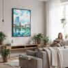 05 - Framed Milwaukee Skyline Watercolor Canvas Print - Woman reading in modern Living Room - Vertical.jpg