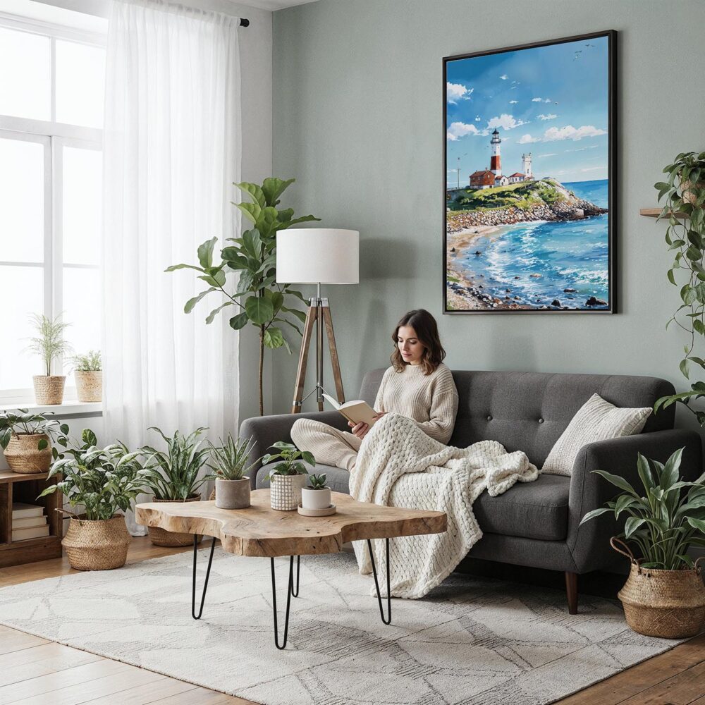 05 - Framed Montauk lighthouse Long Island Watercolor Canvas Print - Woman reading in Boho Living Room - Vertical.jpg 05 - Framed Montauk lighthouse Long Island Watercolor Canvas Print - Woman reading in Boho Living Room - Vertical.jpg