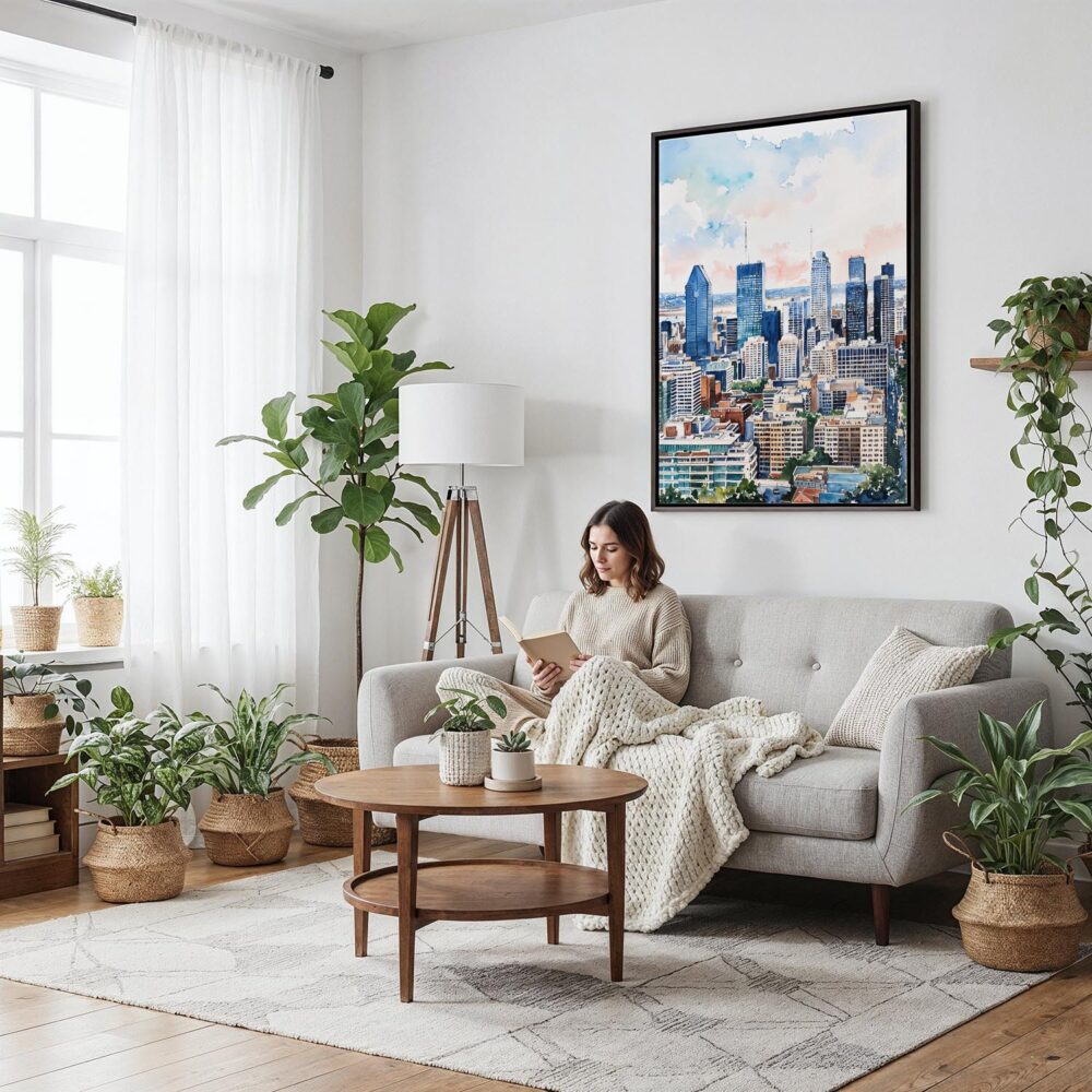 05 - Framed Montreal Skyline Watercolor Canvas Print - Woman reading on couch - Vertical.jpg 05 - Framed Montreal Skyline Watercolor Canvas Print - Woman reading on couch - Vertical.jpg