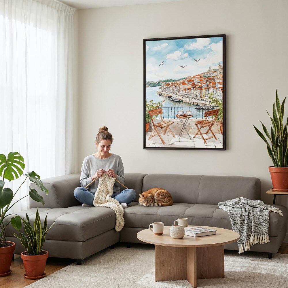 05 - Framed Morning Coffee in Porto Watercolor Canvas Print - Woman Knitting on grey couch - Vertical.jpg 05 - Framed Morning Coffee in Porto Watercolor Canvas Print - Woman Knitting on grey couch - Vertical.jpg