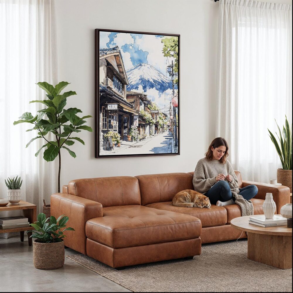 05 - Framed Mount Fuji and Village - Watercolor Canvas Print - Woman Knitting on leather couch - Vertical.jpg 05 - Framed Mount Fuji and Village - Watercolor Canvas Print - Woman Knitting on leather couch - Vertical.jpg