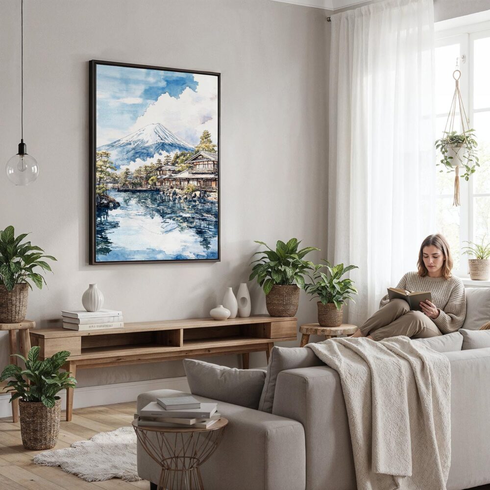 05 - Framed Mount Fuji from Oshino Watercolor Canvas Print - Woman reading in modern Living Room - Vertical.jpg 05 - Framed Mount Fuji from Oshino Watercolor Canvas Print - Woman reading in modern Living Room - Vertical.jpg
