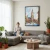 05 - Framed Munich Marienplatz Watercolor Canvas Print - Woman Knitting on grey couch - Vertical.jpg