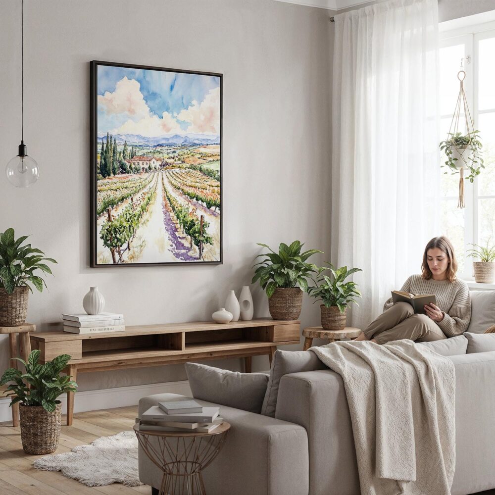 05 - Framed Napa Valley Vineyard Watercolor Canvas Print - Woman reading in modern Living Room - Vertical.jpg 05 - Framed Napa Valley Vineyard Watercolor Canvas Print - Woman reading in modern Living Room - Vertical.jpg