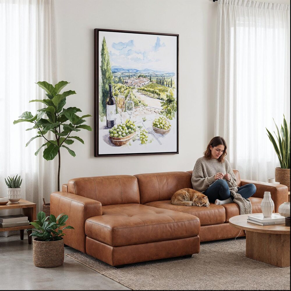 05 - Framed Napa Valley Watercolor Canvas Print - Woman Knitting on leather couch - Vertical.jpg 05 - Framed Napa Valley Watercolor Canvas Print - Woman Knitting on leather couch - Vertical.jpg