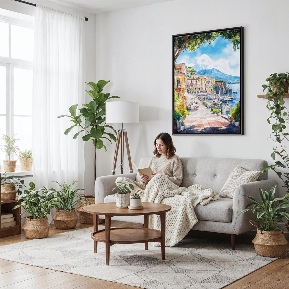 05 - Framed Naples Watercolor Canvas Print - Woman reading on couch - Vertical.jpg 05 - Framed Naples Watercolor Canvas Print - Woman reading on couch - Vertical.jpg