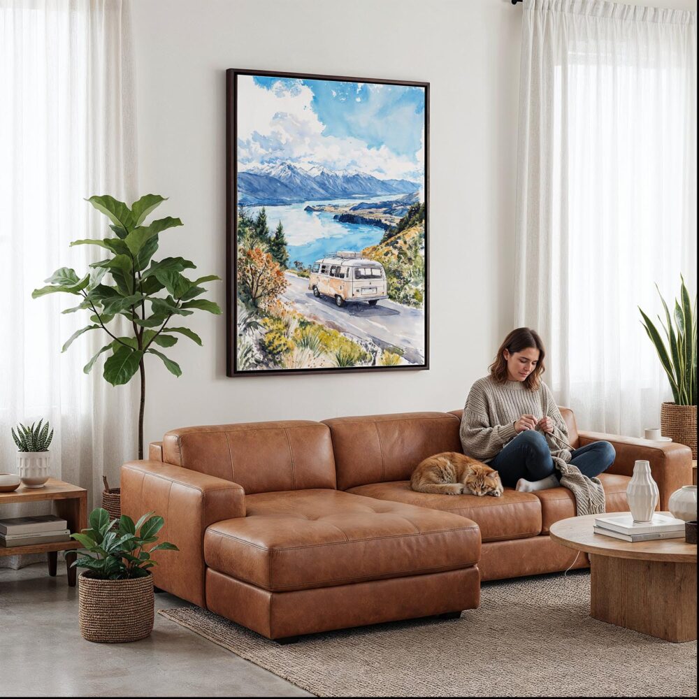 05 - Framed New Zealand Queenstown Watercolor Canvas Print - Woman Knitting on leather couch - Vertical.jpg 05 - Framed New Zealand Queenstown Watercolor Canvas Print - Woman Knitting on leather couch - Vertical.jpg