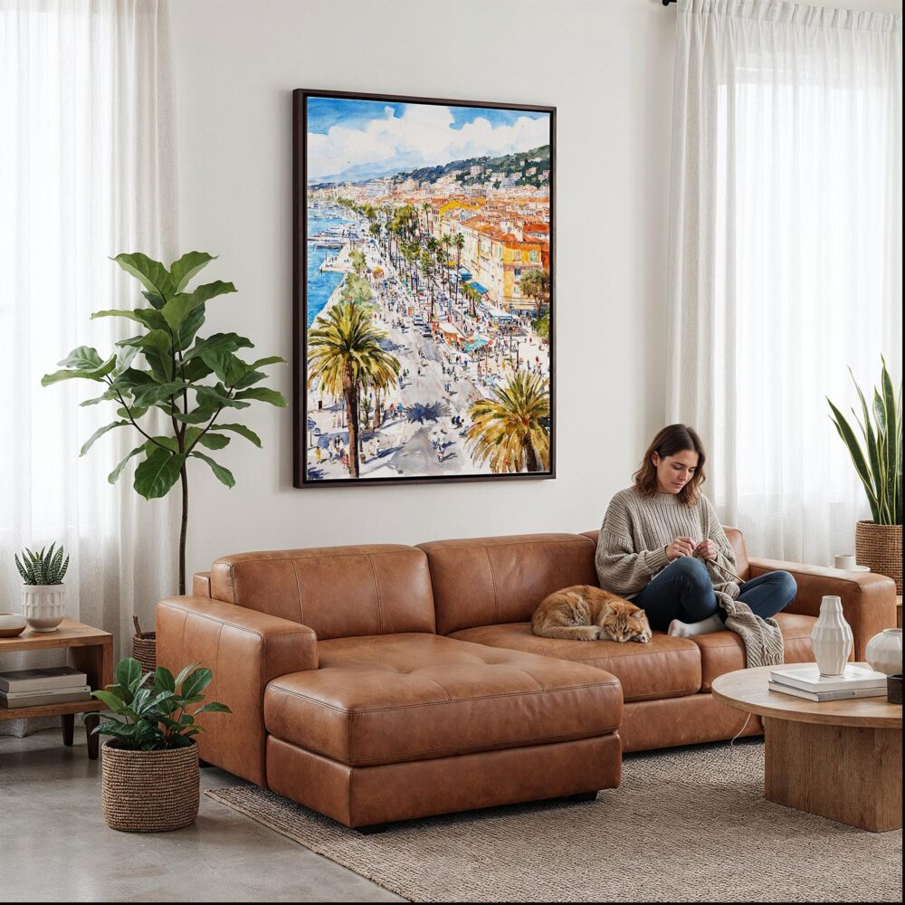 05 - Framed Nice French Riviera Watercolor Canvas Print - Woman Knitting on leather couch - Vertical.jpg 05 - Framed Nice French Riviera Watercolor Canvas Print - Woman Knitting on leather couch - Vertical.jpg