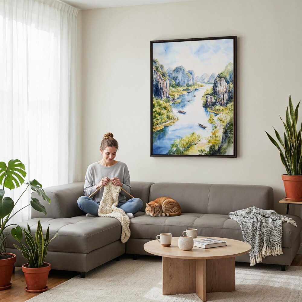 05 - Framed Ninh Binh Watercolor Canvas Print - Woman Knitting on grey couch - Vertical.jpg 05 - Framed Ninh Binh Watercolor Canvas Print - Woman Knitting on grey couch - Vertical.jpg