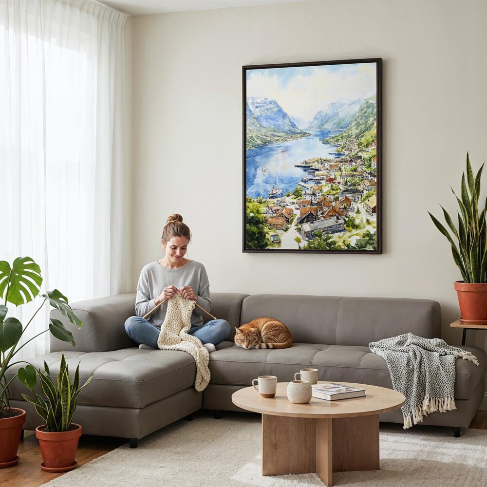05 - Framed Norwegian Fjords Watercolor Canvas Print - Woman Knitting on grey couch - Vertical.jpg 05 - Framed Norwegian Fjords Watercolor Canvas Print - Woman Knitting on grey couch - Vertical.jpg