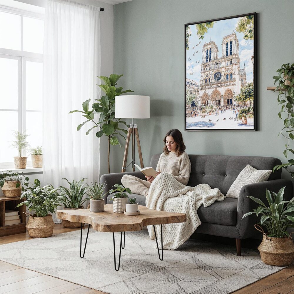 05 - Framed Notre Dame Watercolor Canvas Print - Woman reading in Boho Living Room - Vertical.jpg 05 - Framed Notre Dame Watercolor Canvas Print - Woman reading in Boho Living Room - Vertical.jpg