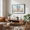 05 - Framed Notre Dame Watercolor - Horizontal Art Print in Boho Living Room.jpg