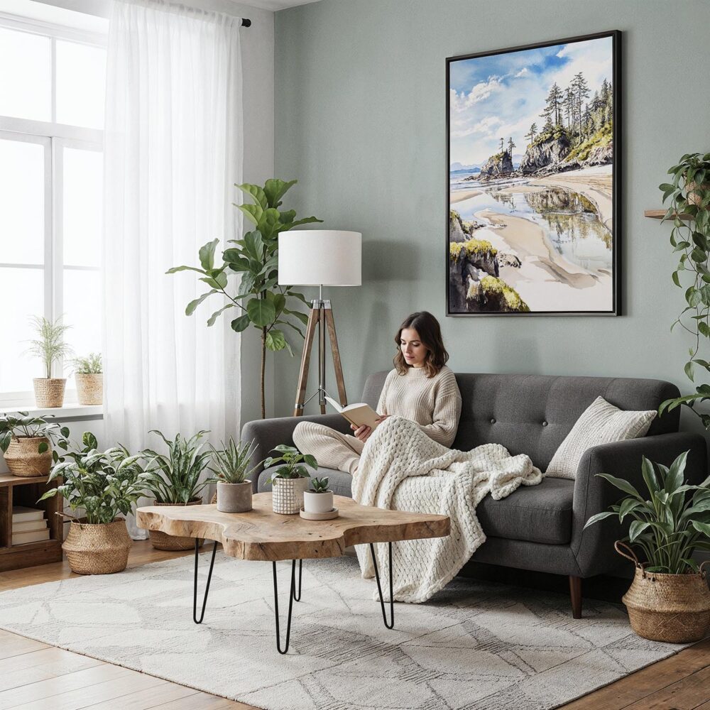 05 - Framed Olympic National Park Rialto Beach Watercolor Canvas Print - Woman reading in Boho Living Room - Vertical.jpg 05 - Framed Olympic National Park Rialto Beach Watercolor Canvas Print - Woman reading in Boho Living Room - Vertical.jpg