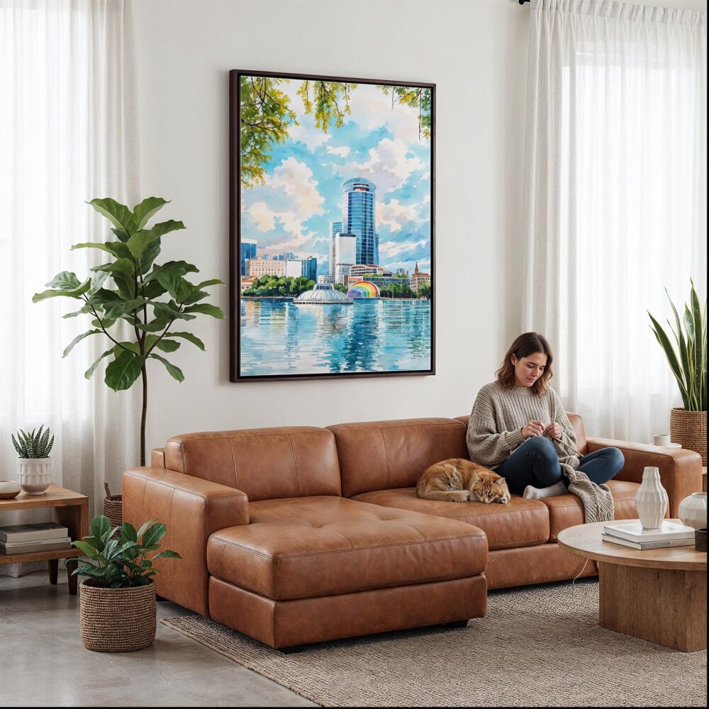 05 - Framed Orlando Florida Watercolor Canvas Print - Woman Knitting on leather couch - Vertical.jpg 05 - Framed Orlando Florida Watercolor Canvas Print - Woman Knitting on leather couch - Vertical.jpg