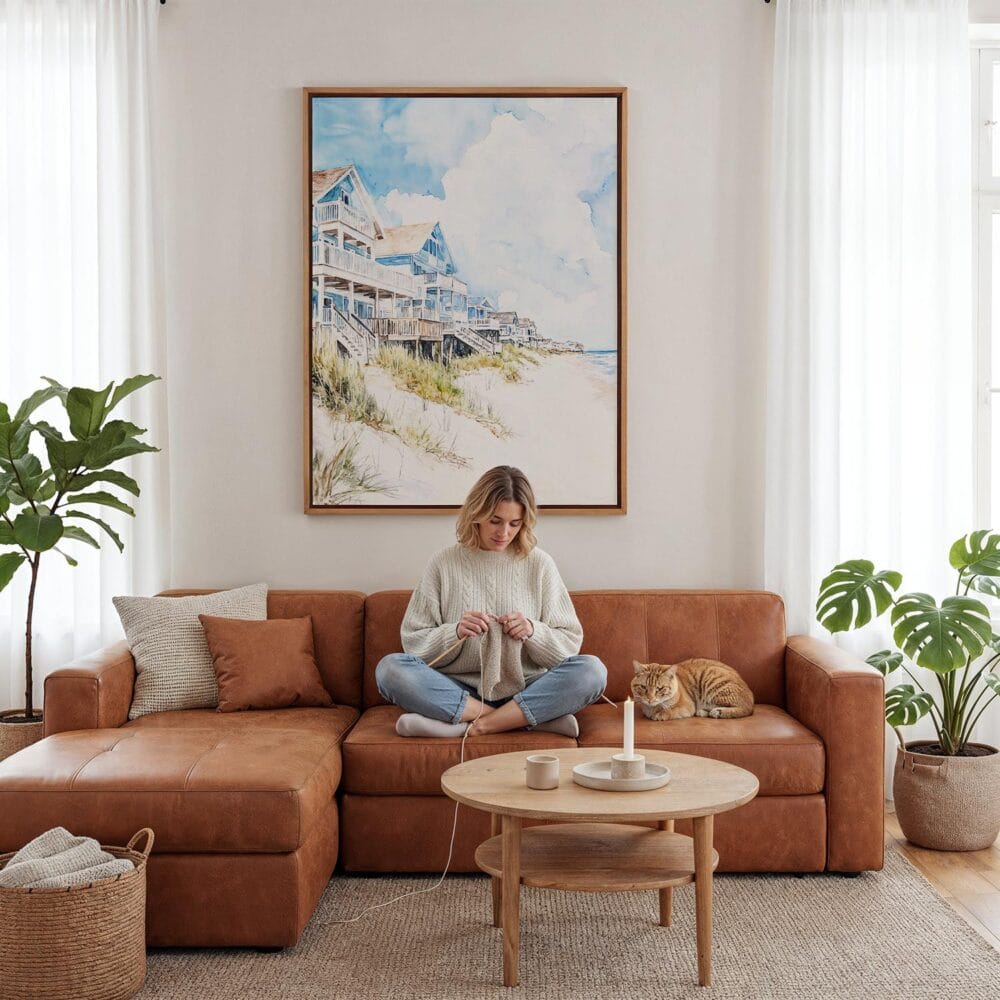 05 - Framed Outer Banks Cottage Watercolor Canvas Print - Woman Knitting - Vertical.jpg 05 - Framed Outer Banks Cottage Watercolor Canvas Print - Woman Knitting - Vertical.jpg